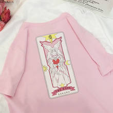 Camiseta de manga corta de algodón con estampado de dibujos animados, camiseta Rosa Harajuku de Japón, Captor de cartas Sakura, Tops holgados, 1 ud. 2024 - compra barato