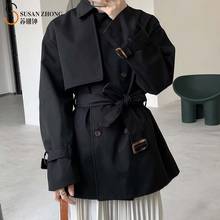 Женское короткое пальто-Тренч, двубортная накидка на пуговицах с поясом и отложным воротником, в минималистичном стиле, для офиса, весна 2021 2024 - купить недорого
