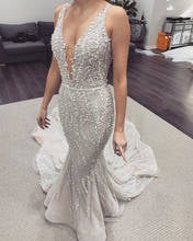 Vestido de casamento luxuoso com pérolas e alça espaguete., decote em v, costas nuas, faixa de noiva 2019. 2024 - compre barato