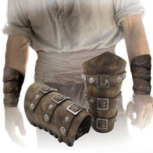 1 par de couro do falso pulseiras largas rendas up armor manguito cruz corda steampunk medieval gauntlet adereços cosplay 2024 - compre barato