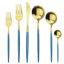 24Pcs Blue Gold Flatware Set Knife Fork Spoon Cutlery Set 304 Stainless Steel Dinnerware Set Mirror Tableware Set Silverware 2024 - buy cheap