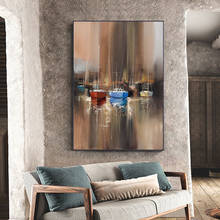 Pintura al óleo sobre lienzo de barcos de vela abstracta pintada a mano, pinturas al óleo de paisaje marrón abstracto para decoración del hogar 2024 - compra barato