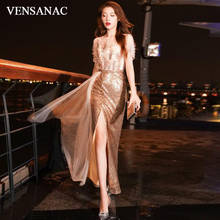 VENSANAC Illusion O Neck Sequined Mermaid Long Evening Dresses Short Sleeve Backless Party Prom Gowns 2024 - buy cheap