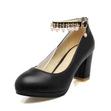 Большой размер 11, 12, 13, 14, 15, 16, 17, женская обувь на высоком каблуке женские туфли-лодочки Тонкие Туфли с круглым носком, украшенные жемчугом, на грубом каблуке 2024 - купить недорого