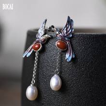 100% real S925 pure silver jewelry silver burned female earrings cloisonne magpie agate pearl earrings for women 2024 - buy cheap