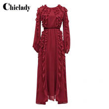 CHICLADY-maxivestido rojo de manga larga con volantes para mujer, ropa informal de fiesta y cena, estilo de diseñador, bohemio 2024 - compra barato