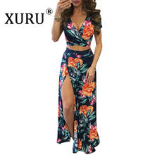 XURU New Women's Floral Dress 2 Piece Short Sleeve Print Bow Dress Set 2024 - buy cheap