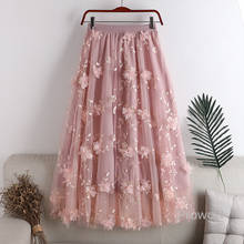 Appliques Embroidery Floral Mesh Skirt Luxury Woman Skirts 2021 Korean Fashion Gauze Ball Gown Elastic Waist Long Skirt 2024 - buy cheap