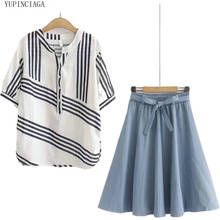 Korean Preppy Style Women's Sets Sweet Striped 2 Piece Set 2020 Summer Denim A-line Skirt + Shirt Female Two Piece Sets 2024 - buy cheap