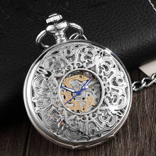 Relógio de bolso mecânico de prata vintage, estilo chinês vazado, corrente de esqueleto, corrente, steampunk 2024 - compre barato