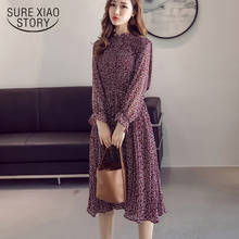 Red Women Dress 2022 Autumn Floral Print Empire Pleated Chiffon Dresses Flare Sleeve Stand Collar Vestidos Korean Style 8634 2024 - buy cheap