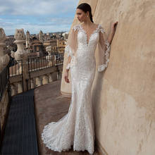 Elegant V-Neck Mermaid Wedding Dresses 2021 Sweep Train Tulle Batwing Sleeve Lace Appliques Bridal Gown With Button Back 2024 - buy cheap