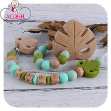 XCQGH 2Pcs/set Personlized Leaf Beech Wooden Teether Silicone Beads Baby Pacifier Nipple Holder Clip and Teether Bracelet 2024 - buy cheap