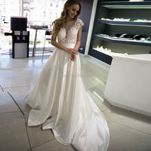 Elegant Satin Wedding Dresses 2021 Cap Sleeve Scoop Wedding Bridal Gowns Sweep Train Ivory Appliques Backless Bride Dress 2024 - buy cheap