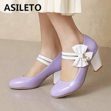 ASILETO New 2021 Women Pumps Round Toe 7cm Block Heels Patent Leather Bowtie Pearl Buckle Non-Slip Cosplay Summer A3478 2024 - buy cheap