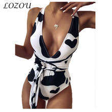 Traje de baño de vendaje Siamés para mujer, bañador Sexy de cintura alta con estampado de vaca, espalda abierta, cuello de pico profundo, Bikini de encaje para playa 2024 - compra barato
