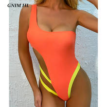 GNIM One Shoulder Bikini Swimwear Women Summer 2020 Sexy Stitching Color Swim Bathing Suit Women One-Piece Backless Swimsuit New 2024 - buy cheap