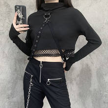 Black Punk Women Hooded Sweatshirt 2021 Autumn Mesh Patchwork Eyelet Ribbon Cut-out Long-sleeve Short Length Outdoot Hoodies 2024 - buy cheap