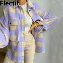 Flectit Oversized Plaid Overshirt Women Button Up Pocket Collared Pastel Purple Check Shacket Ladies Casual Outfit * 2024 - buy cheap