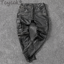 Tcyeek calça de couro de vaca masculina, calça vintage tamanho extra 5xl para motocicleta masculina de couro de vaca legítimo 91lw 2021 para primavera e outono 2024 - compre barato