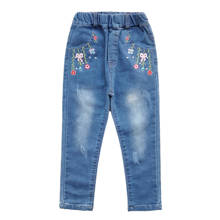 Chumhey-pantalones vaqueros elásticos de algodón para niñas, ropa suave con flores bordadas, 5-12T 2024 - compra barato