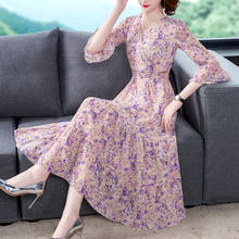  Summer Purple V-neck Female Print Floral Chiffon Long Dress Temperament Fairy Office Lady Vestidos Elegantes Fashionable 2024 - buy cheap