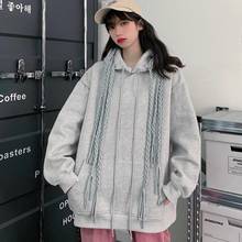 2021 moda feminina sweatshirts estilo japonês cinza casual manga longa solta com capuz hoodies primavera outono meninas rendas até roupas 2024 - compre barato