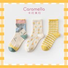 Caravella-Calcetines cortos de algodón con estampado Floral para mujer, medias largas de color amarillo, para invierno y otoño, 3 par/lote 2024 - compra barato