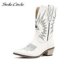 Smile círculo-botas de vaqueiro ocidental bordadas, couro legítimo, salto médio quadrado, bico ponteiro, botas altas do joelho, sapatos femininos 2024 - compre barato