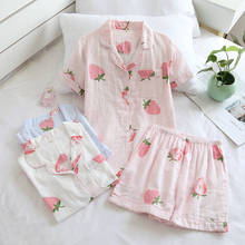 2021 new ladies strawberry cotton double gauze short-sleeved shorts pajamas suit cute and comfortable home service women  pink 2024 - buy cheap