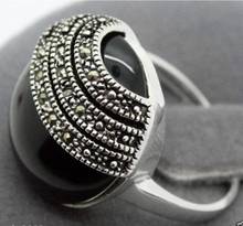 Frete grátis grande anel de prata esterlina 925 jade natural preto 20mm tamanho 7/8/9/10 2024 - compre barato