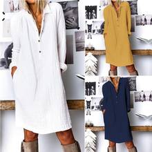 Vestido de lino y algodón para mujer, prenda informal de manga larga con solapa, de Color liso, a la moda europea y americana, novedad de Otoño de 2021 2024 - compra barato