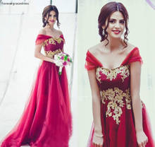 Vestido de dama de Honor de color rojo, apliques dorados modestos, hombros descubiertos, corte en A, de boda para invitados, vestido de dama de Honor de talla grande personalizado 2024 - compra barato