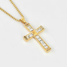 Gold color stainless steel Big CZ stones cross pendant necklace men women religious Christian cross necklace jewelry fashion 2024 - buy cheap
