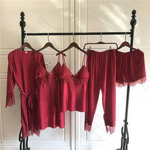 Conjunto de pijamas 5 peças, mulheres verão sexy, roupa de dormir primavera outono renda guarnição roupa de dormir sólida casual roupa de casa 2024 - compre barato