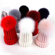 Winter Brand Female Fox Fur Pom Poms hat Winter Hat For Women Girl 's Hat Knitted Beanies Cap Hat Thick Women Skullies Beanies 2024 - buy cheap