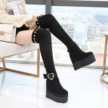 Sexy Metal Buckle Over The Knee Boots High Heels Platform Wedges Black Tight High Boots For Women Fashion Rivet Winter 2024 - buy cheap