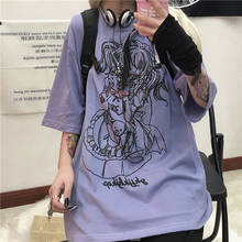 Женские футболки, хлопковые, в стиле хип-хоп, с мультяшным аниме, Y2K, свободные, в готическом стиле, в стиле Харадзюку, с коротким рукавом, фиолетовые 2024 - купить недорого