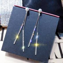 USTAR Cubic Crystals Pearl Long Tassel Drop Earrings for women Geometric Rhinestone Dangle Earrings female wedding Jewelry 2024 - buy cheap