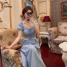 Cotday Blue Puff Sleeve Square Collar Bow French Vintage High Waist New A-line Long Summer Elegant Female Clothes For Women 2021 2024 - buy cheap