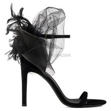 Sandálias salto alto de verão preto, plus size, sapatos de mulheres, dedo aberto, salto fino, sandálias de malha com laço, moda feminina, sapatos de casamento 2024 - compre barato