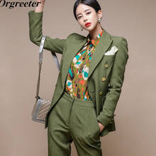Newest Double Breasted Blazer and Trouser Two Piece Set Autumn Winter Formal Green Coat and Pants Women's Suit OL Work wear 2024 - buy cheap