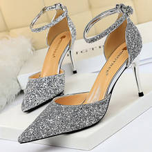 BIGTREE-zapatos de tacón de aguja con lentejuelas para mujer, calzado de fiesta a la moda, Stiletto de 7 Cm, para boda, talla grande 42 43 2024 - compra barato