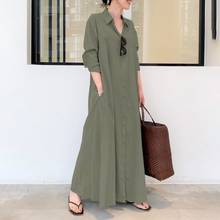 Solid Color Casual Maxi Dresses Women Turn Down Collar Full Sleeve Blouse Dress 2021 Spring Autumn Fashion New Streetwear Robes 2024 - buy cheap
