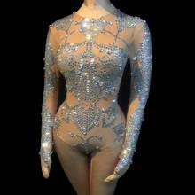 New Sexy Sparkly Rhinestone Mesh Leotard See Through Elastic Crystal Bodysuit Women Nightclub Outfit Signer Stage Dance Costume 2024 - buy cheap