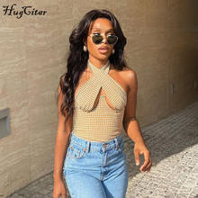 Hugcitar 2020 Sleeveless Backless Halter Hollow Out Plaid Print Crop Top  Sexy Autumn Winter Women Fashion Streetwear Tank Top 2024 - buy cheap