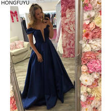 Hongfuyu vestido de festa a linha longo vestido de noite fora do ombro vestidos de baile cetim azul marinho vestidos formais robe de soiree 2024 - compre barato