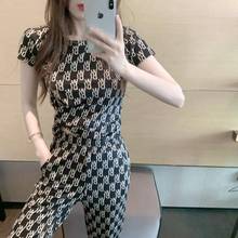 Fashion Suit Women's Full Print Letter Short Sleeve T-shirt High Waist Straight Tube Loose Wide Leg Split Pants 2-piece Suit Hot 2024 - buy cheap