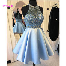 Luz azul jewel neck vestido de baile frisado vestidos de cocktail com sheer voltar cetim curto vestidos de baile 2024 - compre barato