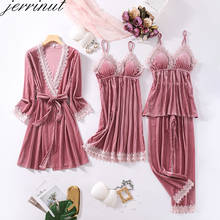 Jerrinut 4PCS Pajamas Set For Women Sleepwear Warm Winter Nightwear Pyjama Gold Velvet Home Suit Sleeveless Pijama 2024 - buy cheap